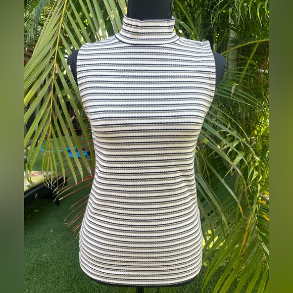 LOFT Tops - LOFT Black, Cream, Green Striped Mock Neck Sleeveless Top